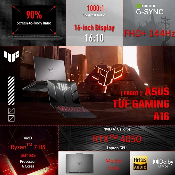 ASUS TUF Gaming A16 Laptop, 16”FHD + 144Hz Gaming Laptop, AMD Ryzen 7-7445HS, NVIDIA GeForce RTX 4050, 16 GB DDR5, 512 GB SSD, BK, Gray, Windows 11 Home, TWE Laptop Foldable Stand