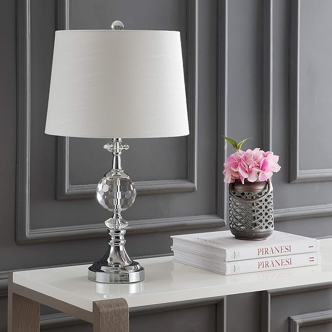 JONATHAN Y 25.5" Clear Crystal and Chrome Table Lamp, Glam Faceted Sphere Bedside Lamp with White Linen Drum Shade for Living Room, Bedroom, LED Bulb Included, UL Listed JYL5036A