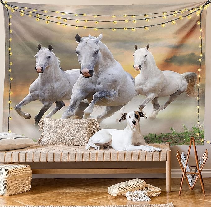 Ambesonne Horses Tapestry, Stallion Horses Running on a Mystic Sky Background Male Champions Print, Wall Hanging for Bedroom Living Room Dorm Decor, 40" X 60", White Orange
