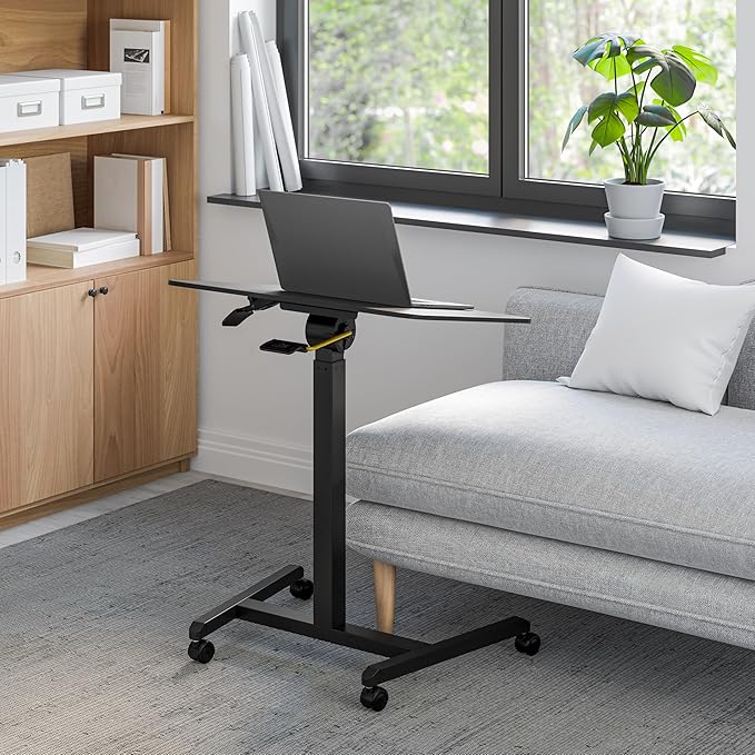 Seville Classics Airlift Height Adjustable Pneumatic Laptop Sit Stand Desk Mobile Rolling Cart, Computer Workstation for Home Office, Classroom, Black, 25.6" Tilting Desktop
