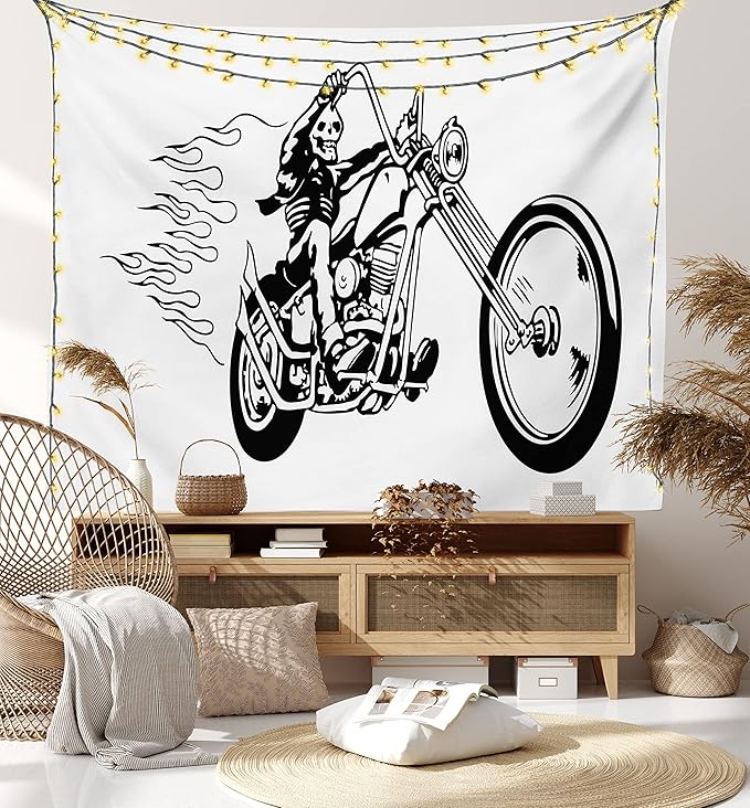 Ambesonne Motorcycle Tapestry, Cool and Dangerous Flaming Death Ride Fearless Skeleton Fantasy Items, Fabric Wall Hanging Decor for Bedroom Living Room Dorm, 45" X 30", Charcoal Grey White