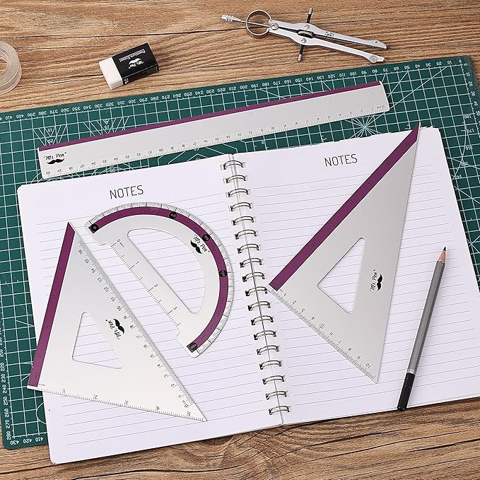 Mr. Pen- Geometry Set, Purple Stripes, 4 Pack, Metal Geometry Kit, Triangle Ruler, Metal Ruler, Drafting Triangles, Metal Protractor, Metal Set Square, Drafting Ruler, Drafting Set