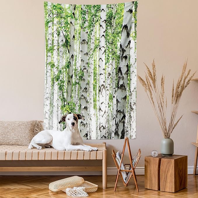 Ambesonne Woodland Tapestry, Birch Trees in The Forest Summertime Wildlife Nature Outdoors Themed Picture, Fabric Wall Hanging Decor for Bedroom Living Room Dorm, 23" X 28", White Green