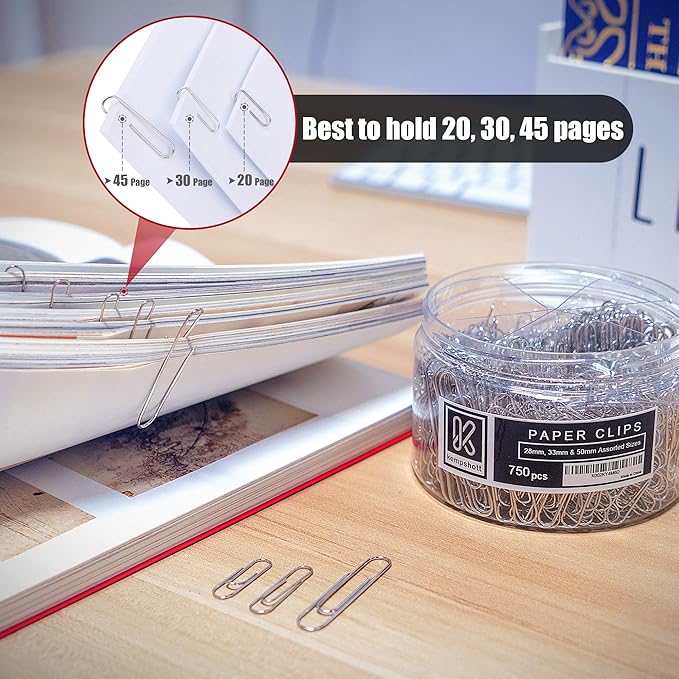 750 Paper Clips Assorted Sizes Small, Medium and Large Paper Clips for Paperwork Ideal for Home, School and Office Use (Assorted, Silver)