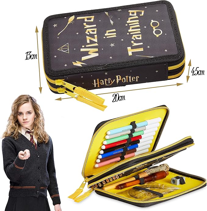 Harry Potter Gifts Pencil Case with Secret Light Wand Pen, Large Double Zip Organizer Filled with School Art Supplies for Kids, Boys and Girls (Black/Yellow)