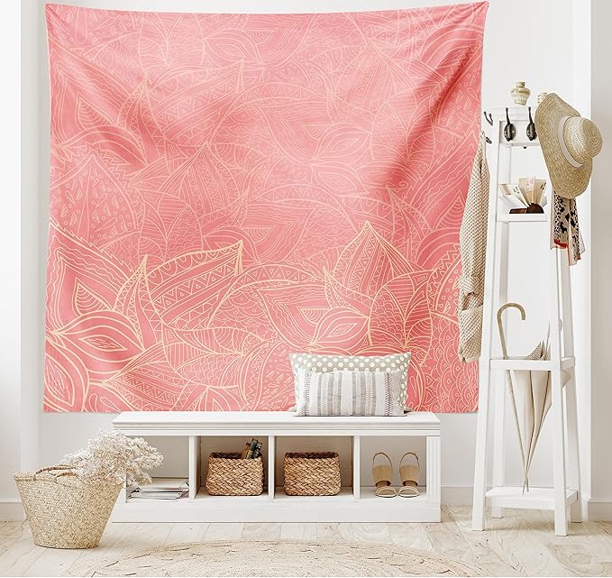 Ambesonne Floral Tapestry, Pastel Toned Nature Inspired Leaf Background Botany Themed Illustration, Fabric Wall Hanging Decor for Bedroom Living Room Dorm, 45" X 30", Peach Coral