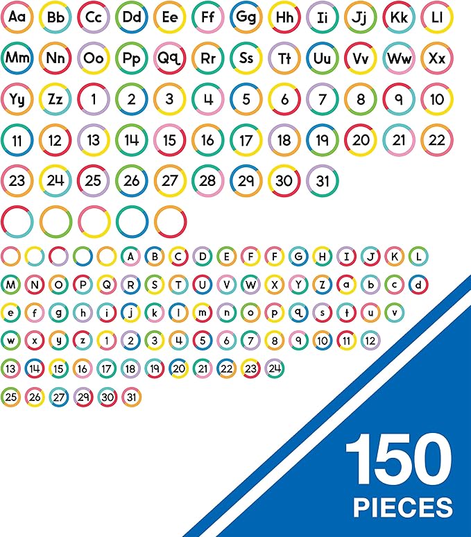 Carson Dellosa 150-Piece Cutout Letters, 4" Colorful Blank, Number, Upper and Lowercase Alphabet Decorations for Bulletin Board, Posterboard, Party, and Classroom Decor
