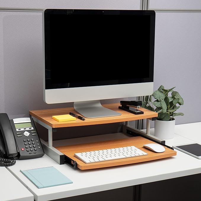 Mind Reader Monitor Stand, Sliding Keyboard Drawer, Laptop, Riser, Office, Wood/Metal, 20"L x 14.75"W x 5.9"H, Brown, Silver