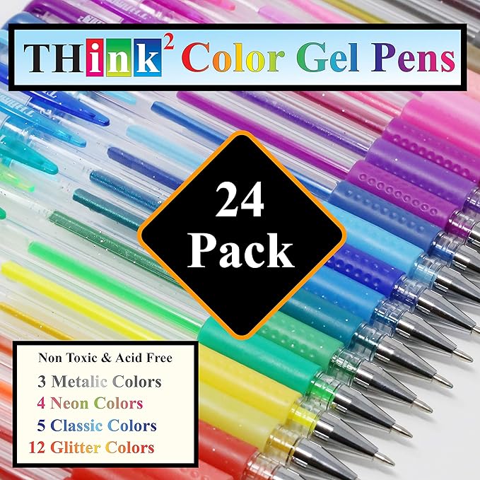 [24 Colors] Think2 Color Gel Pens Set for Teens and Adult. Perfect for Drawing, Journaling, Doodling, Scrapbooking