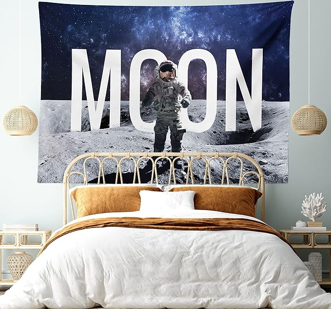 Ambesonne Outer Space Tapestry, Miniature Toy Astronaut on The Foreground of Giant Moon Big Bang Mars Print, Fabric Wall Hanging Decor for Bedroom Living Room Dorm, 28" X 23", Grey Blue