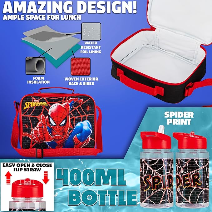 Marvel Spiderman Backpack Lunch Box Water Bottle Pencil Case 4 pc Set for Boys Girls Bookbag Picnic Backpacks Gifts for Kids