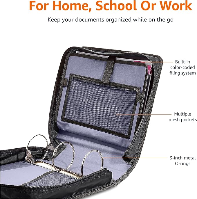 Amazon Basics Durable 3 Ring Binder with Zipper and Strap, Multiple Pockets, Sturdy Storage for School and Office, 3 inch, Black