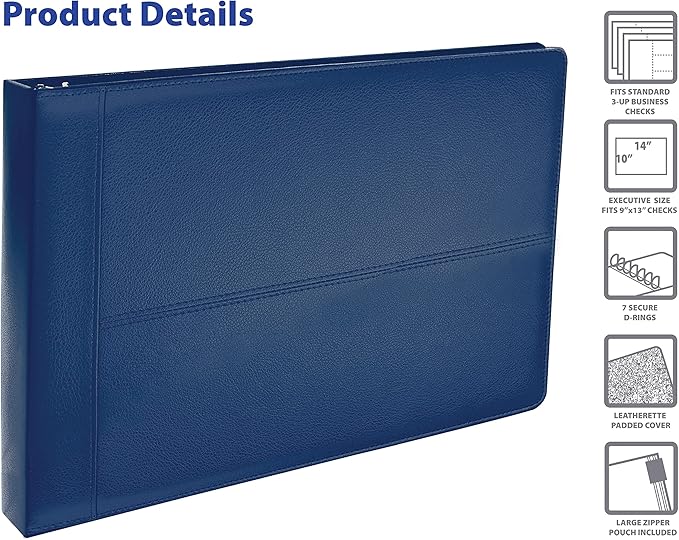 GOLD SEAL 7 Ring Executive Check Binder with Zipper Pouch, Padded Textured Premium Leatherette Cover, for 9" x 13" 3 Per Page Business Checks, 600 Check Capacity Checkbook Holder (Blue)