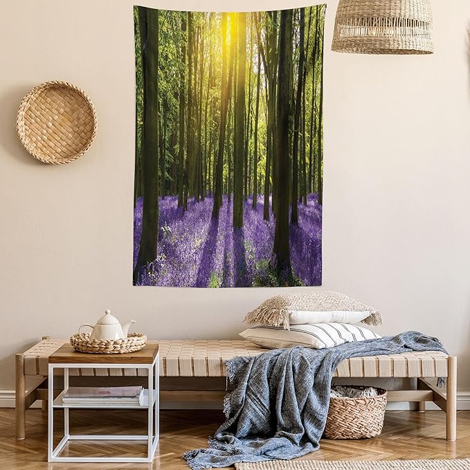 Ambesonne Woodland Tapestry Twin Size, Sunbeams in the Forest of Bluebells Blooms Deep in Woodland Oxfordshire, Wall Hanging Bedspread Bed Cover Wall Decor, 68" X 88", Violet Green Yellow