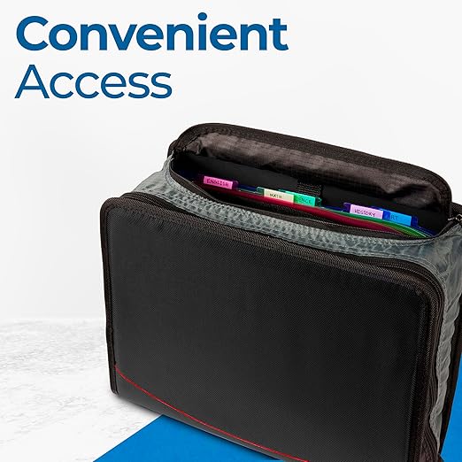 Case-it King Sized Zip Tab School Zipper Binder | 4-Inch D-Rings, 800 Sheet Capacity, 5-Subject Expanding File Folder, Multiple Pockets & Storage Organizer, Shoulder Strap | D-186 Jet Black