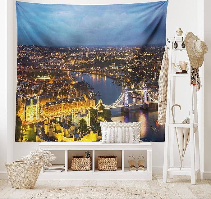 Ambesonne Modern Tapestry, Evening Time at London England Cityscape Night Time and Tower Bridge Landmark Urban Aerial Panorama, Wall Hanging for Bedroom Living Room Dorm, 80" X 60", Yellow Bluegrey