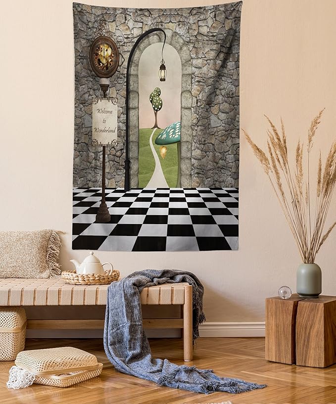 Ambesonne Alice in Wonderland Tapestry, Welcome Wonderland Black and White Floor Landscape Mushroom Lantern, Wall Hanging for Bedroom Living Room Dorm, 60" X 80", Stone Black