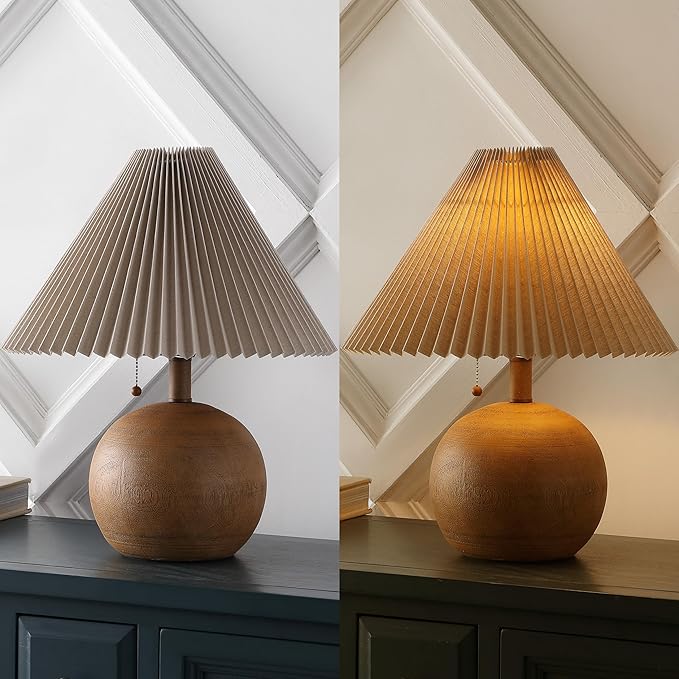 JONATHAN Y 17.25" Brown Wood Finish Sphere Table Lamp, Mid-Century Bedside Nightstand with Beige Pleated Linen Shade, Scandinavian Coastal Style, LED Bulb Included JYL1145A