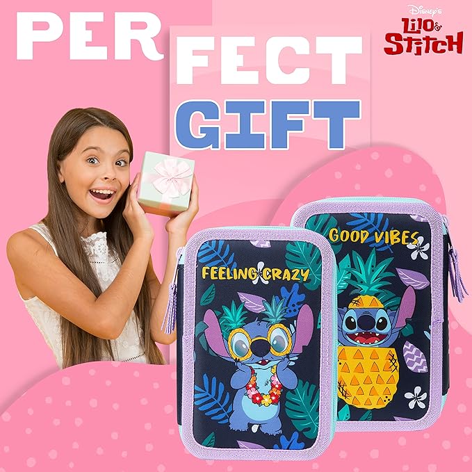 Disney Stitch Filled Pencil Case with Colored Pencils, Markers, Gifts for Girls Kids, Stationery School Art Supplies Pouch Holder Organizer (Multi Stitch Triple Zip)