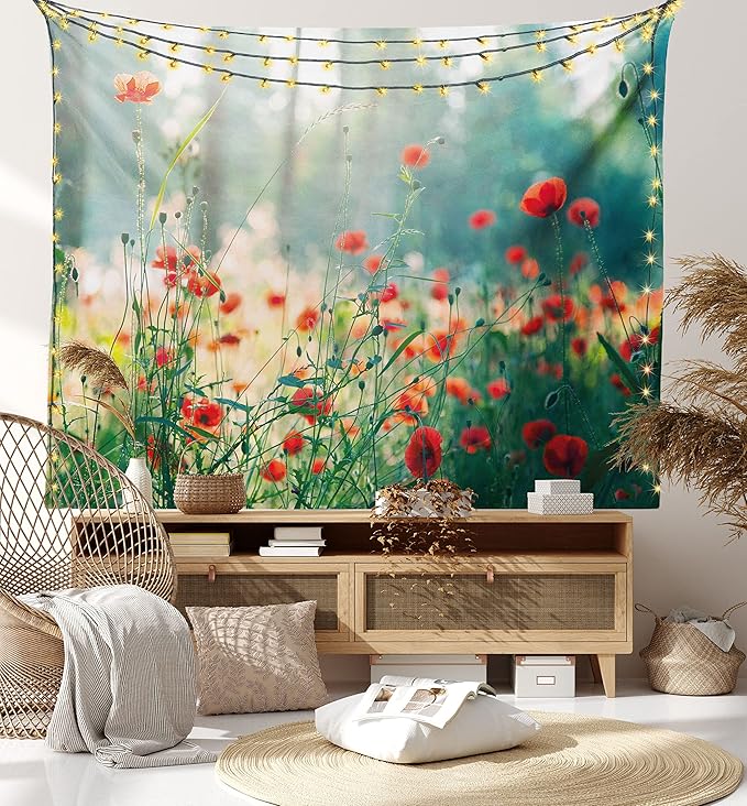 Ambesonne Nature Tapestry, Wild Red Poppy Flowers Field Summertime Sunbeams Gardening Bedding Plants, Fabric Wall Hanging Decor for Bedroom Living Room Dorm, 30" X 45", Red Green Yellow