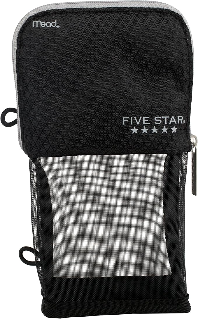 Five Star Pencil Pouch, Pen Case, Stand 'N Store Zipper Pouch, Fits 3-Ring Binder, Storage Organizer for Supplies Earbuds Chargers Cables Makeup, Black/Grey (505160A-ECM)