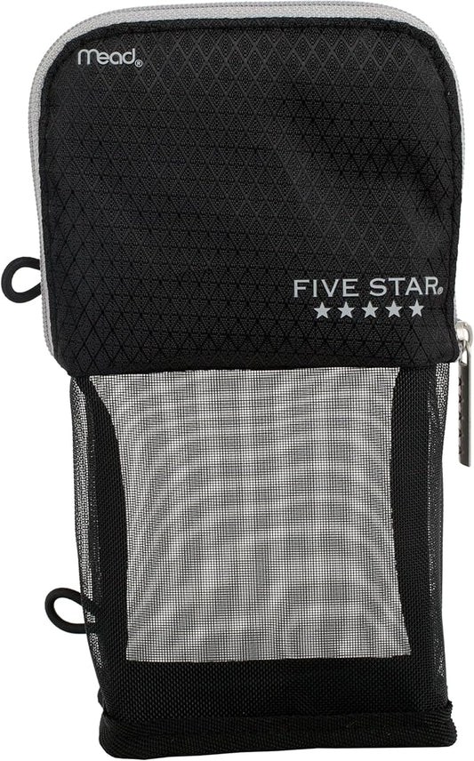 Five Star Pencil Pouch, Pen Case, Stand 'N Store Zipper Pouch, Fits 3-Ring Binder, Storage Organizer for Supplies Earbuds Chargers Cables Makeup, Black/Grey (505160A-ECM)