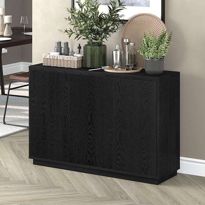 Henn&Hart 48" Fluted Sideboard Buffet Cabinet, Ribbed Wooden Credenza with 3 Doors, Adjustable Shelves, and Cable Management Cut-Outs for Dining Room, Kitchen, Living Room or Entryway, Natural Black