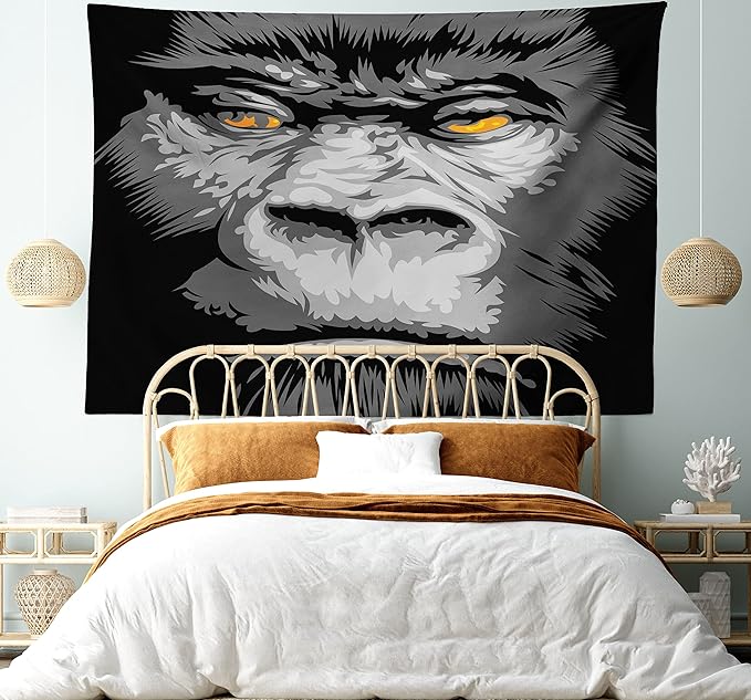 Ambesonne Modern Tapestry, Close up Gorilla Portrait with Orange Eyes Zoo Jungle Animal Wild Money Graphic, Wide Wall Hanging for Bedroom Living Room Dorm, 80" X 60", Grey Marigold