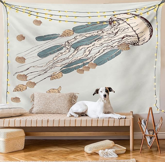 Ambesonne Jellyfish Tapestry, Boho Feather Tentacles Shells Vintage Art Print Under the Sea Tribal Fish, Fabric Wall Hanging Decor for Bedroom Living Room Dorm, 45" X 30", Beige Brown