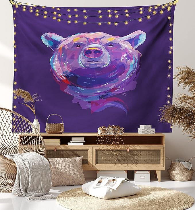 Ambesonne Bear Tapestry, Abstract Portrait with Digital Brushstrokes Wildlife Mascot Display, Wall Hanging for Bedroom Living Room Dorm Decor, 60" X 80", Purple Pink Sky Blue