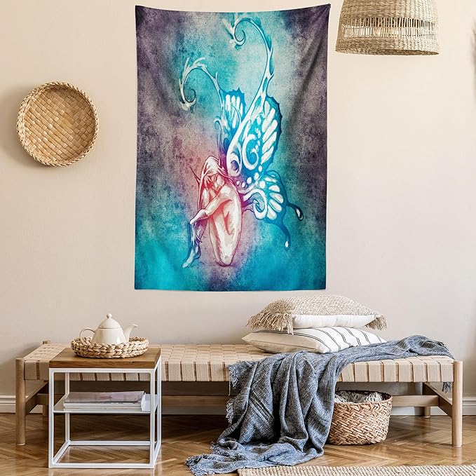 Ambesonne Butterfly Tapestry Twin Size, with Butterfly Wings Renewal Female Rebirth Psyche Lightness of Being, Wall Hanging Bedspread Bed Cover Wall Decor, 68" X 88", Blue Purple