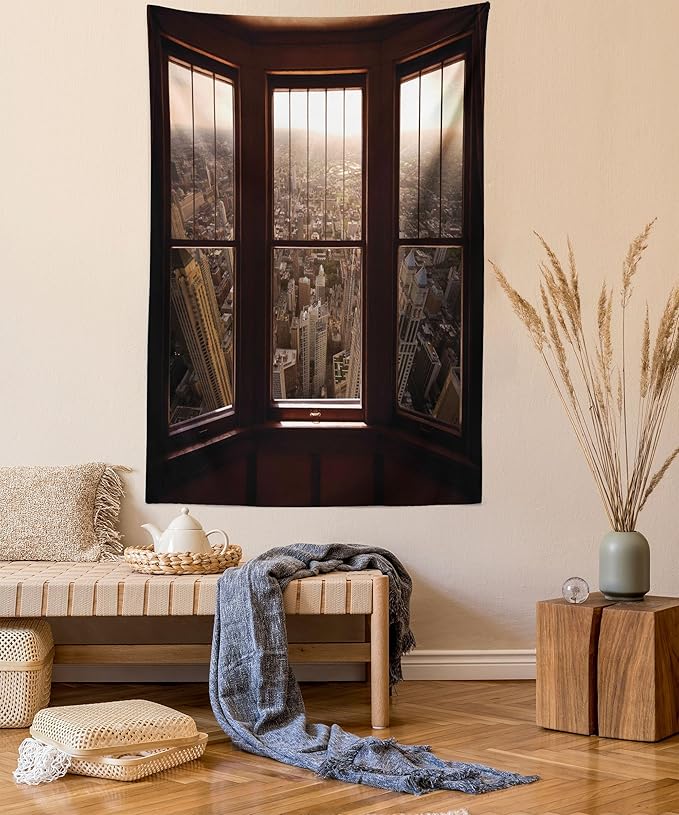 Ambesonne Aerial Tapestry Twin Size, Urban View from The Window View City Dusk Building North American Town Scene, Wall Hanging Bedspread Bed Cover Wall Decor, Twin Size, Brown and Taupe