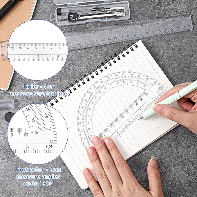 3 Pcs Clear Protractor and Compasses 12 Inch Ruler Set, Geometry Math Transparent Measuring Tools, Transparent Drawing Measuring Rulers for Office Woodworking Art Drawing