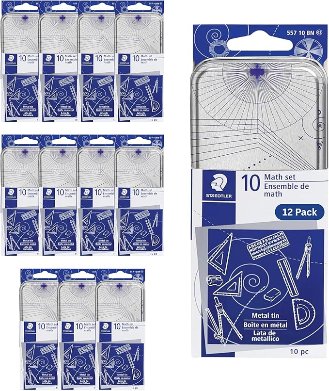 STAEDTLER 10-Piece Math Set with Metal Compass 12-Pack (12 Sets of 10 pcs), 6" Ruler & Triangle Squares, 45° & 30/60° Set Squares, Alphabet Stencil - Measuring Tools, 120 Count