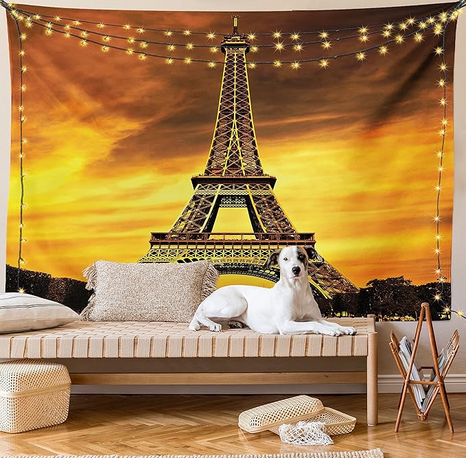 Ambesonne Eiffel Tower Tapestry, Paris Love City Monument in Dramatic Sunrise Picture of French Landmark, Fabric Wall Hanging Decor for Bedroom Living Room Dorm, 30" X 45", Yellow Brown