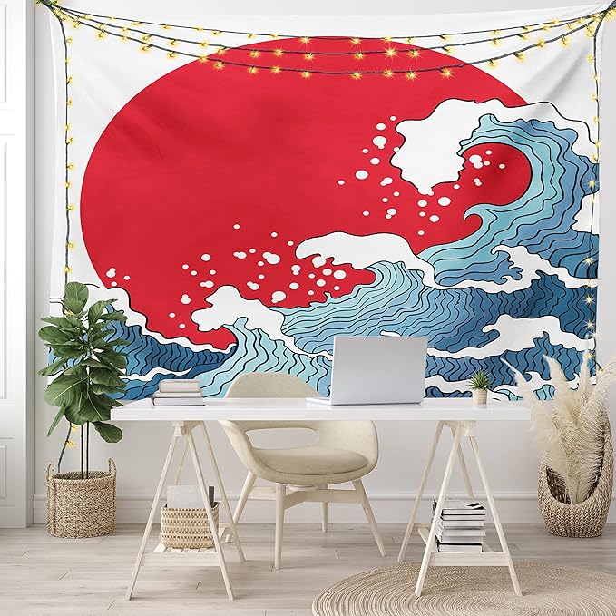 Ambesonne Japanese Wave Tapestry Queen Size, Big Red Sun Setting Scenery Tropical Nautical Tsunami Swirls, Wall Hanging Bedspread Bed Cover Wall Decor, Queen Size, Red Blue White