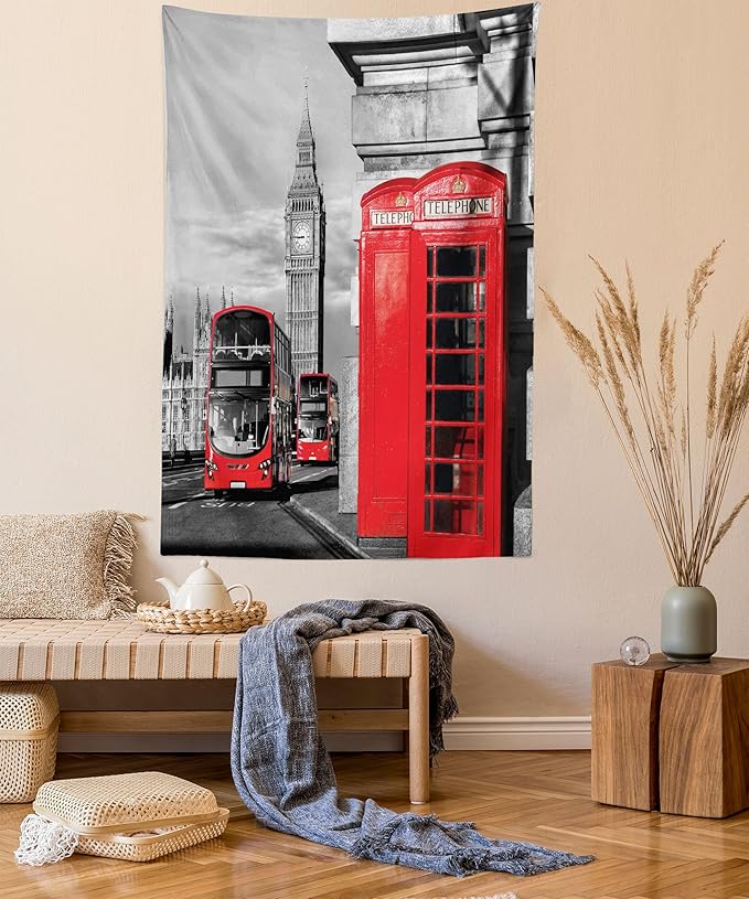 Ambesonne London Tapestry, London Telephone Booth in the Street Traditional Local Cultural England UK Retro, Wall Hanging for Bedroom Living Room Dorm Decor, 60" X 80", Red Grey