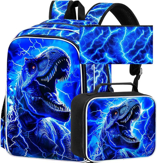 KLFVB 3PCS Boys Backpack Set, 17" Dinosaur Bookbag and Lunch Box, Water Resistant Teenagers School Backpacks for Middle Elementary - Lightning T-Rex