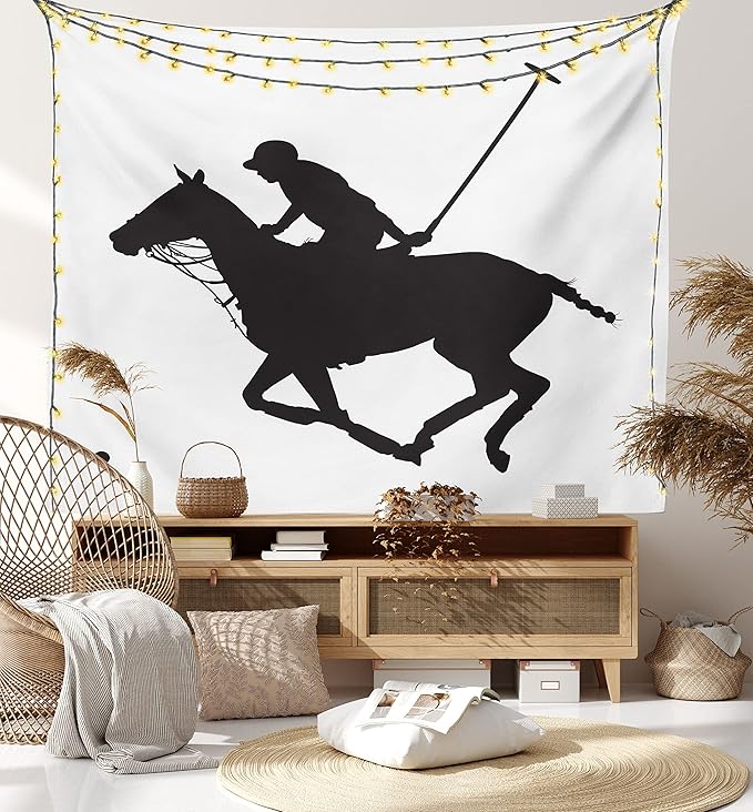 Ambesonne Sports Tapestry Queen Size, Silhouette Illustration of Polo Player on a Horse Hitting a Ball Print, Wall Hanging Bedspread Bed Cover Wall Decor, Queen Size, Charcoal Grey