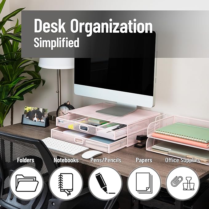 Mind Reader Mesh Monitor Stand with Storage Drawer, Ventilated Laptop Riser and Desktop Organizer, Office, Metal Mesh, Pink