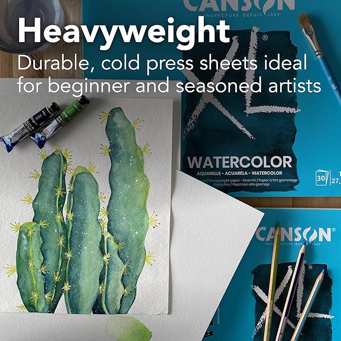 Canson XL Series Watercolor Cold Press Textured Paper Pad for Paint, Pencil, Ink, Charcoal, Pastel, and Acrylic, 140 lb. (300 GSM), Tape-Bound, 9" x 12", 30 Sheets/Pad, Pack of 3