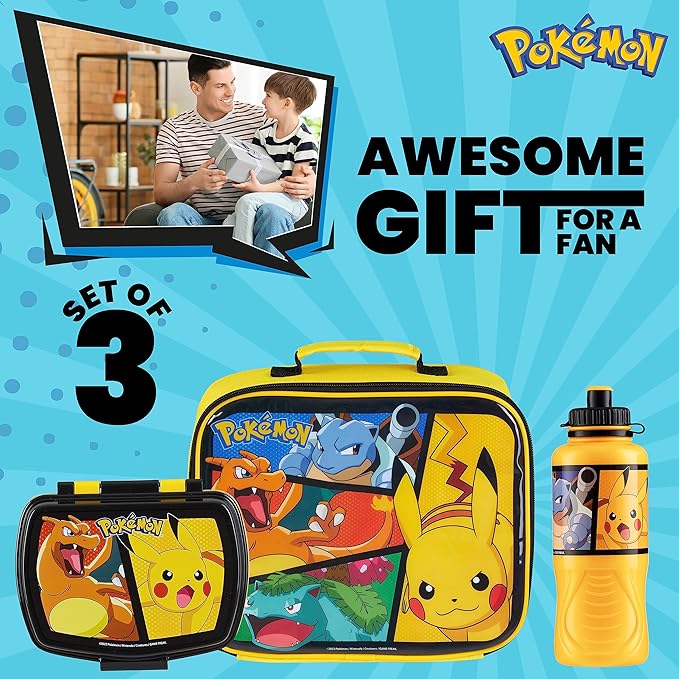 Pokemon Insulated Lunch Bag with Lunch Box Water Bottle Set for Kids 3 Piece School Snack Bag Pikachu Gifts for Kids (Yellow)