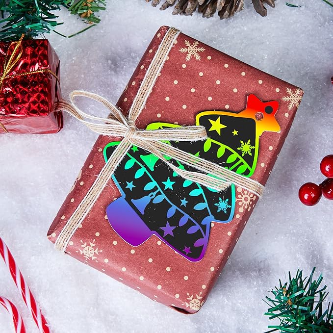 JOYIN 72 Pcs Christmas Scratch Art Ornaments, Rainbow Color Scratch Paper Craft Kit Include Snowman, Christmas Tree, and Reindeer, Scratch Off Hanging Ornament for Kids Party Favor