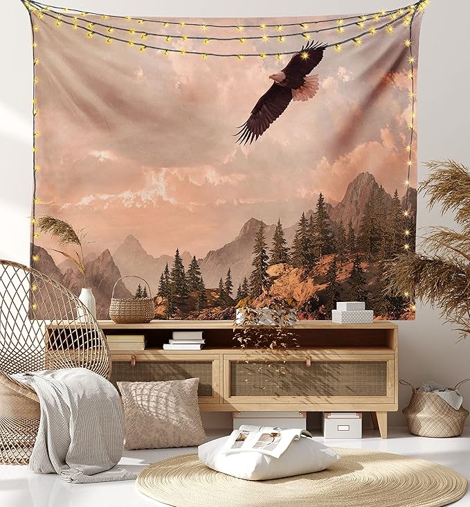 Ambesonne Eagle Tapestry, Nature Photography of Rocky Mountains and Forest a Bird Flying over It, Wall Hanging for Bedroom Living Room Dorm Decor, 40" X 60", Rose Green