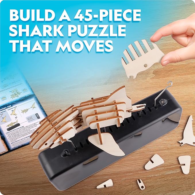 National Geographic Motorized Shark 3D Puzzle - 45-Piece 3D Wood Model Kit with Light-Up Motorized Display Base with 8 Light Settings, 3D Puzzles for Kids, Wooden Animal Puzzle, Shark Toy