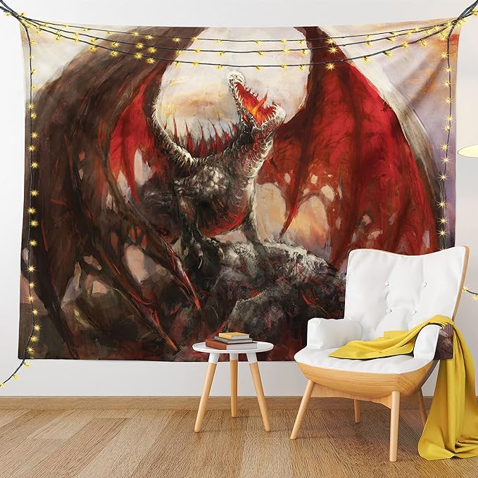 Ambesonne Fantasy World Tapestry, Majestic Dragon Resting on Mountain Mythological Fire-Spewing Creature Print, Fabric Wall Hanging Decor for Bedroom Living Room Dorm, 28" X 23", Brown Red