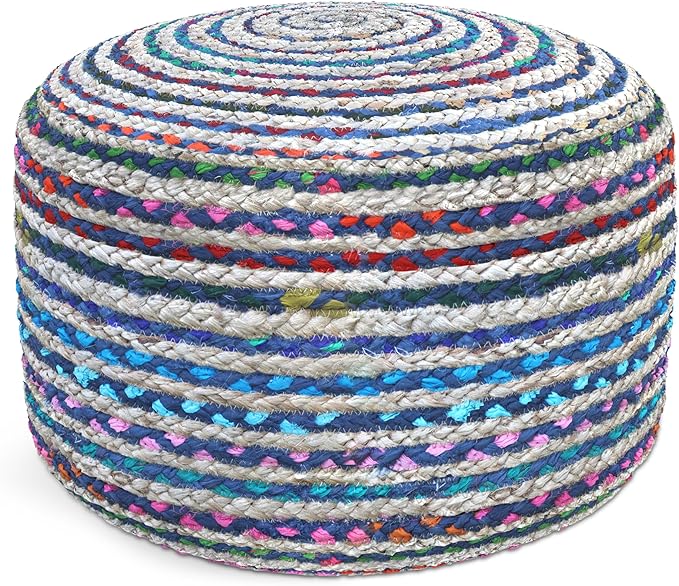SIMPLIHOME Margo Round Pouf - 20 inch Wide Handwoven Jute and Cotton Braided Ottoman in Blue, Boho-Style Footstool or Extra Seating for Living Room or Bedroom with Polystyrene Bead Filling, Assembled