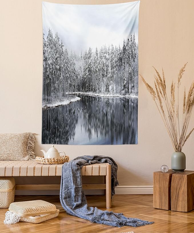 Ambesonne Woodland Tapestry, Lake Surrounded by Snow Covered Trees on a Cold Winter Day in Finland Reflections, Fabric Wall Hanging Decor for Bedroom Living Room Dorm, 23" X 28", White Brown