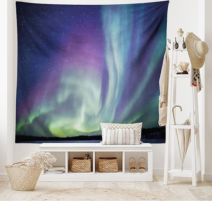 Ambesonne Aurora Borealis Tapestry, Exquisite Atmosphere Solar Starry Sky Calming Night Image, Fabric Wall Hanging Decor for Bedroom Living Room Dorm, 28" X 23", Dark Blue Mint Green