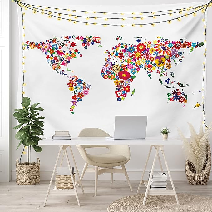 Ambesonne Floral World Map Tapestry, Bunch of Flower Petals Essence Fragrance Garden Growth Theme Atlas Image, Fabric Wall Hanging Decor for Bedroom Living Room Dorm, 45" X 30", Red White